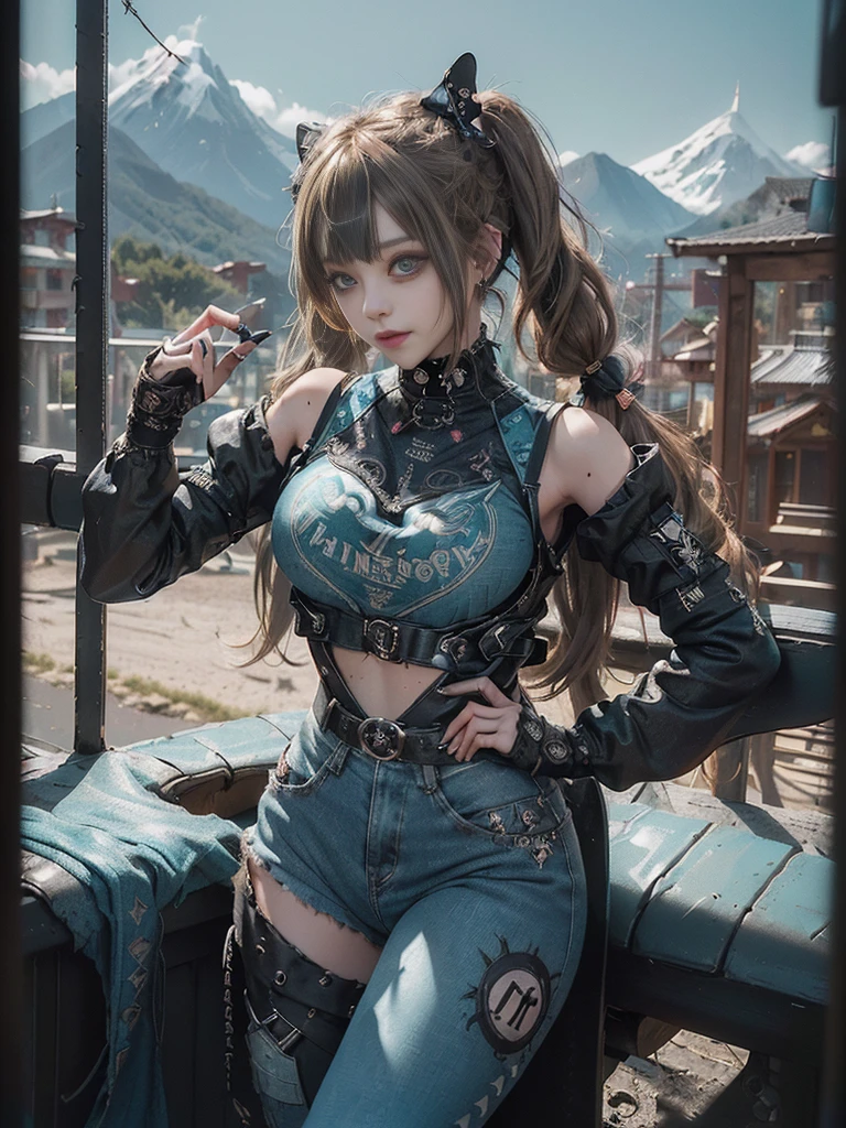 (Full Body View:1.4)、(Full body:1.5)、(Smiling with teeth showing:1.3),(Shibuya Gal:1.5)、(Gothic Lolita style fashion:1.5)、(Punk RockVisual Kei:1.5)、(Wearing a rhythmic gymnastics bodysuit with intricate details:1.4)、(Racing suit and pants with intricate turquoise, denim and charcoal decorations:1.5)、(Denim and light blue and turquoise boots:1.3)、((belt))、(Numerous delicate logo marks all over the costume:1.4)、(collar:1.3)、(Polka dot underwear:1.5)、20-year-old、NSFW、((Highest quality、In 8K、masterpiece:1.3))、Sharp focus:1.2、(Layered Cut、Huge boobs:1.1),Beautiful woman with perfect figure:1.4、(do a gravure pose:1.3)、Slender Abs:1.2、Highly detailed face and skin texture、Detailed eyes、double eyelid,(Twin tails:1.3)、(Brown-golden hair:1.3)、Gravure idol、(The background is a vast mountain々Beautiful luxury resort destination in Europe:1.3)、(Slim body:1.3),(Make your legs thinner:1.4),(clavicle:1.1)