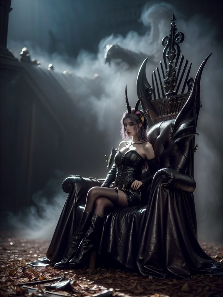 A woman named "Wanjai" is channeling an otherworldly demonic princess, posing dominantly on a gunmetal throne shaped like a coiled snarling dragon. She's clad in a daring Gothic ensemble of black leather and bone - a strapless corset top adorned with gunmetal spikes encircles her torso while a deconstructed tulle skirt drips with macabre grey lace accents. Wanjai's haunting yet seductive beauty features pale luminous skin, lavender ombre tresses cascading in loose beachy waves with two small obsidian horns protruding from her hairline. Smoky black eyeshadow and oxblood lipstick create a mesmerizing sinister aesthetic.
Wanjai grips the arched throne arms with claw-like nails, surrounded by swirling tendrils of smoke or fog in the dim, moody environment suggesting an ancient abandoned crypt or cathedral interior. Her piercing gaze and taut curvaceous form project an aura of dark, mysterious power and demonic sensuality, like an entrancing battle-queen of the damned legions. (Gothic lace/leather ensemble: 1.5), (dragon throne prop: 1.4), (lavender tresses with obsidian horns: 1.5), (smoke/fog atmosphere: 1.3), (crypt/cathedral setting: 1.4), (dark seductive demonic power: 1.5), (dominant pose: 1.4), (sinister makeup: 1.3), (full body shot: 1.2), (fantasy/horror style: 1.5), (moody lighting: 1.4), (high detail: 1.5).
