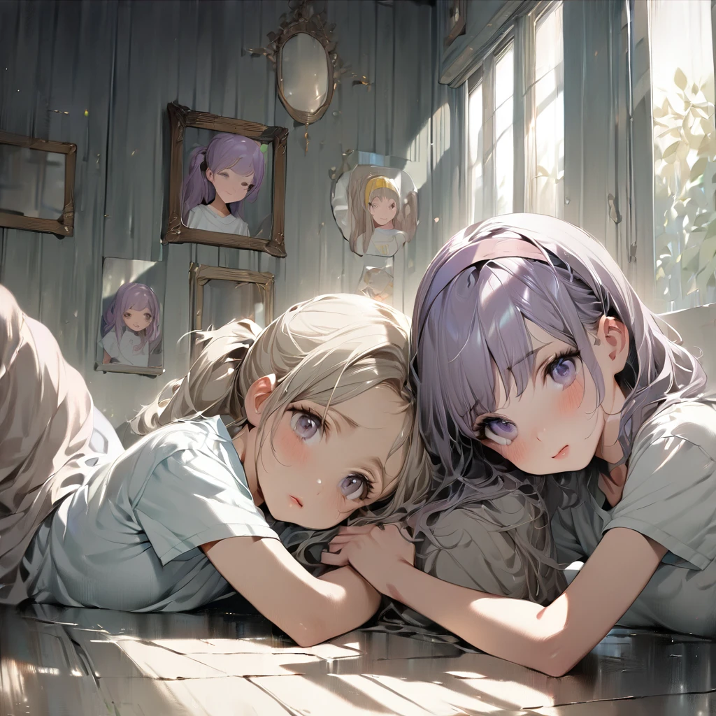 (Cute two girls:1.5),
(masterpiece:1.3), anime visual, (tilt head:1.3), extremely delicate face, realistic lighting and shading, (an extremely delicate and beautiful art:1.3), (muted colors:1.1),A lesson room with a large mirror on the wall, a girl with light purple hair held down by a hairband in a ponytail, wearing a T-shirt and lesson clothes, lying on the floor of the lesson room, her face distorted by pain reflected in the mirror on the wall,