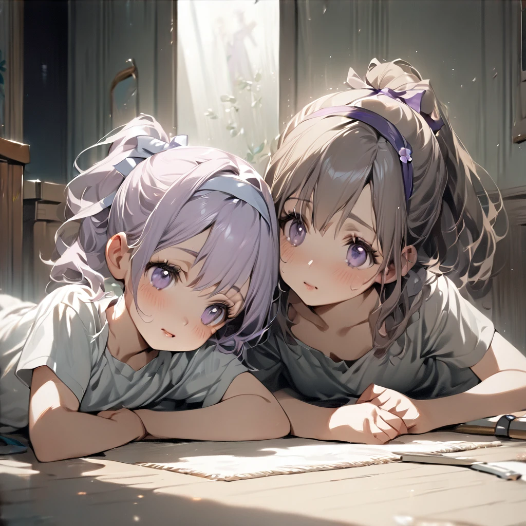 (Cute two girls:1.5),
(masterpiece:1.3), anime visual, (tilt head:1.3), extremely delicate face, realistic lighting and shading, (an extremely delicate and beautiful art:1.3), (muted colors:1.1),A lesson room with a large mirror on the wall, a girl with light purple hair held down by a hairband in a ponytail, wearing a T-shirt and lesson clothes, lying on the floor of the lesson room, her face distorted by pain reflected in the mirror on the wall,