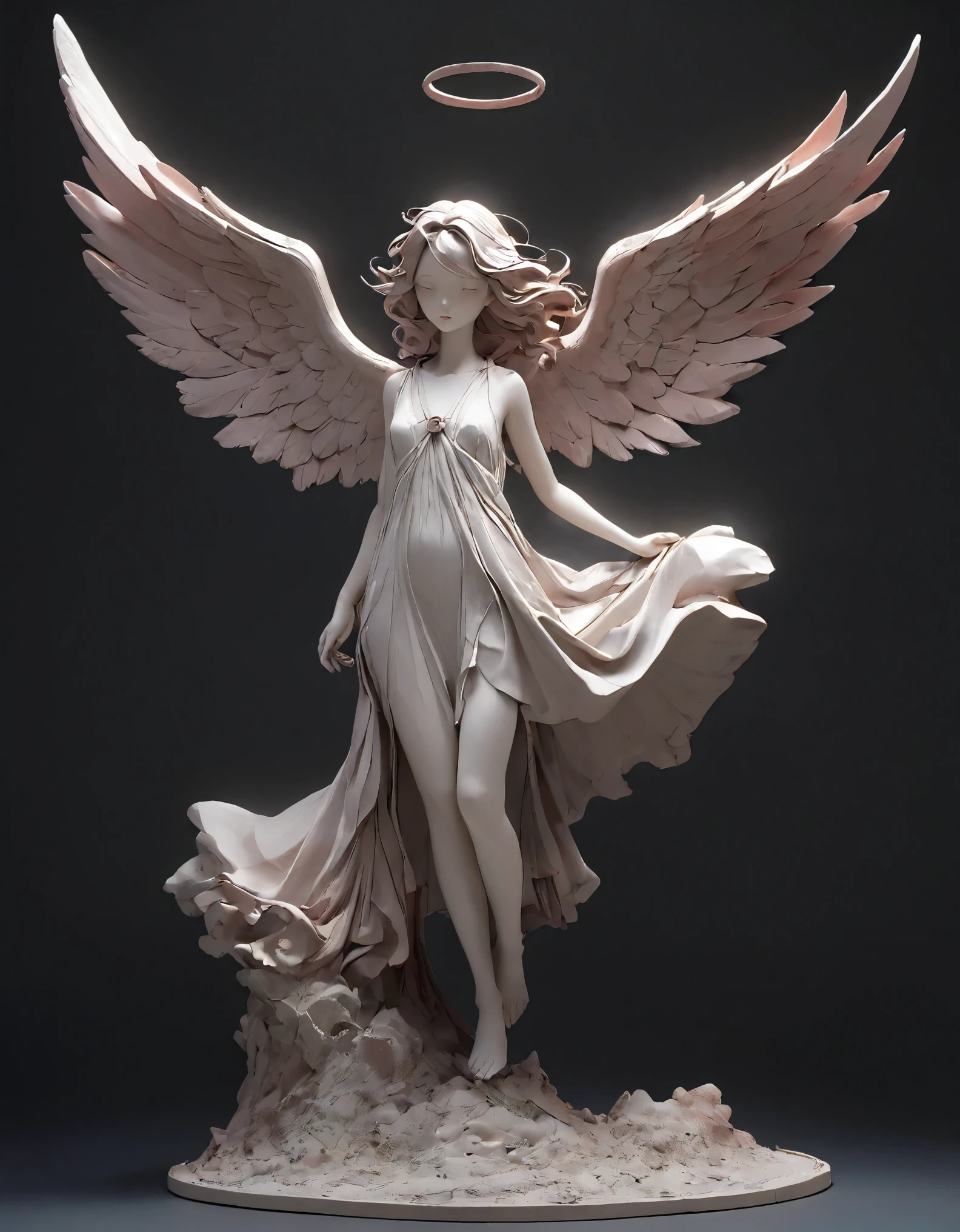 Dark Fantasy、old,dirty, Mineral red pigment,3D粘土clay sculpture艺术,clay sculpture、A woman_Angel, Monochrome wings