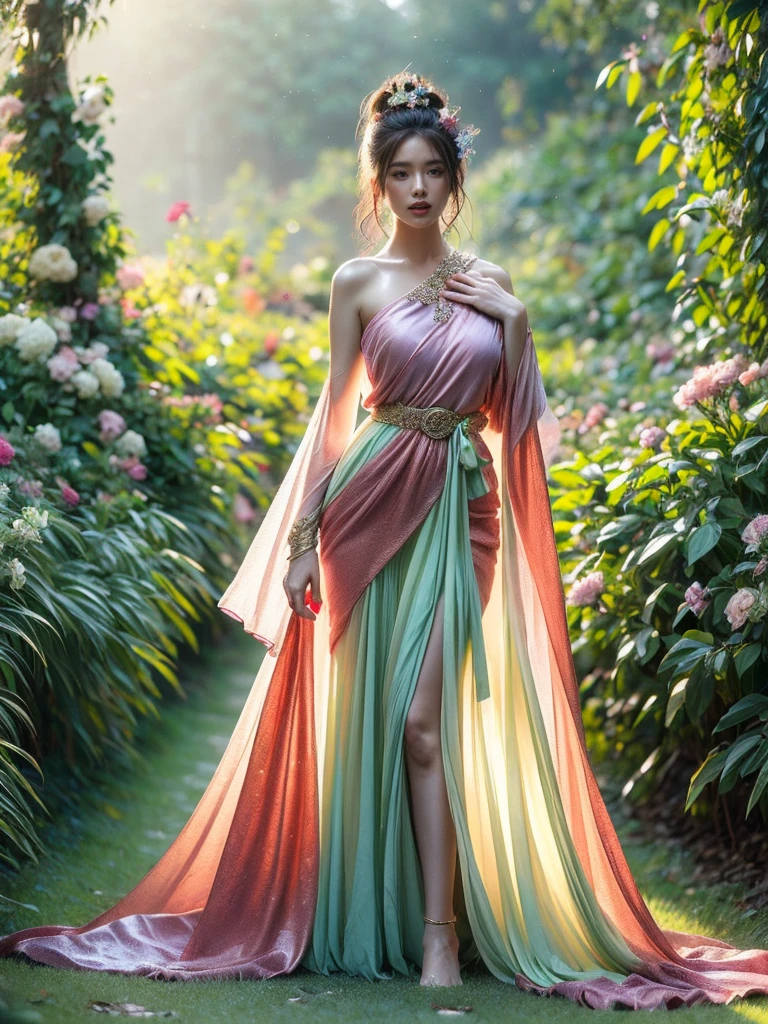 "Wanjai" transforms into a whimsical fairy tale princess in a vibrant, enchanted garden setting. She wears a flowing gossamer gown in a kaleidoscope of jewel tones - fuchsia, sapphire, emerald and sunburst yellow. The chiffon fabric swirls around her in delicate layers, adorned with intricate floral embroidery. A diaphanous silk sash drapes elegantly over one shoulder in shimmering rainbow hues.
Wanjai's golden blonde tresses are partially swept up in an intricate braided updo, allowing the rest to tumble down her back in romantic waves. Delicate flower petals are woven throughout her hair and subtle shimmering makeup highlights her youthful glow. As she walks along the winding garden path, her bare feet grace the lush mossy ground.

The magical backdrop surrounds Wanjai with a verdant rainbow paradise. Towering willows and flowering vines intermingle with bursts of vibrantly colored foliage in every shade imaginable. Butterflies flit about while iridescent hummingbirds and toucans soar among the branches. A pristine turquoise stream gently babbles nearby, reflecting the dazzling stained glass sky overhead. Every element is bathed in an ethereal, multi-hued light filtering through the dense canopy. Wanjai appears an otherworldly fairy tale vision in this lushly fantastic secret garden. (Multicolored chiffon gown: 1.5), (Rainbow silk sash: 1.3), (Flower petals in hair: 1.2), (Enchanted garden path: 1.4), (Fantastic colored flora/fauna: 1.5), (Ethereal multi-hued lighting: 1.4)