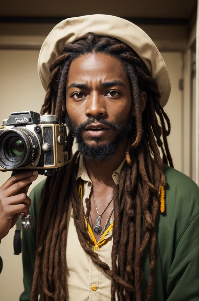 Rastafarian bust holding cinema camera panicked expression 