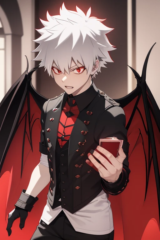 Katsuki Bakugo from My Hero Academia, Vampire, incubus, red eyes and white hair, bat wings, black clothes, black steampunk pants, red shirt, black vest, pale skin. Looking straight at the viewer