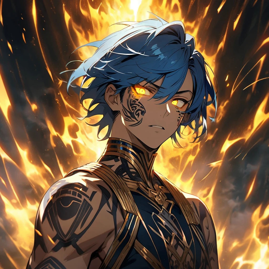male, solo, handsome, blue hair, god, god eyes, yellow eyes, glowing eyes, light, aura, holo, golden, tattoo on cheek