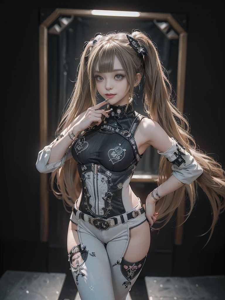 (Full Body View:1.4)、(Full body:1.4)、(Smiling with teeth showing:1.3),(Shibuya Gal:1.5)、(Gothic Lolita style fashion:1.5)、(Punk RockVisual Kei:1.5)、(Wearing a rhythmic gymnastics bodysuit with intricate details:1.4)、(Racing suit and pants with intricate decorations in white, denim and charcoal:1.5)、(Denim and light blue and white boots:1.3)、((belt))、(Numerous delicate logo marks all over the costume:1.4)、(collar:1.3)、(Polka dot underwear:1.5)、20-year-old、NSFW、((Highest quality、In 8K、masterpiece:1.3))、Sharp focus:1.2、(Layered Cut、Huge boobs:1.1),Beautiful woman with perfect figure:1.4、(do a gravure pose:1.3)、Slender Abs:1.2、Highly detailed face and skin texture、Detailed eyes、double eyelid,(Twin tails:1.3)、(Brown-golden hair:1.3)、Gravure idol、(The background is the stage of the fashion show:1.3)、(Slim body:1.3),(Make your legs thinner:1.4),（clavicle:1.1）