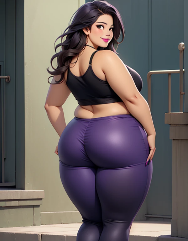 (half-body-shot (back shot):1.3),(Detailed face:1.2), (Detailed eyes:1.2), 1girl, solo, Latina, 42-years-old, milf, mature female, (tan-skinned female:1.5),plus size milf body, long black hair with purple highlights, amber colored eyes, mascara, purple eyeshadow, purple lipstick, (Wearing: black tank-top, shiny purple leggings, sneakers:1.2), looking from behind and winking smile, erotic adult face, teeth, Oversize, Overweight, thick lips, (plump figure and wide frame:1.3), medium breasts, sagging breasts, fat rolls, belly rolls, muffin top, big deep navel, tight out, love handles, wide hips, wide waist, wide load butt, thick thighs, standing, ass view, in the streets of Los Angeles.
