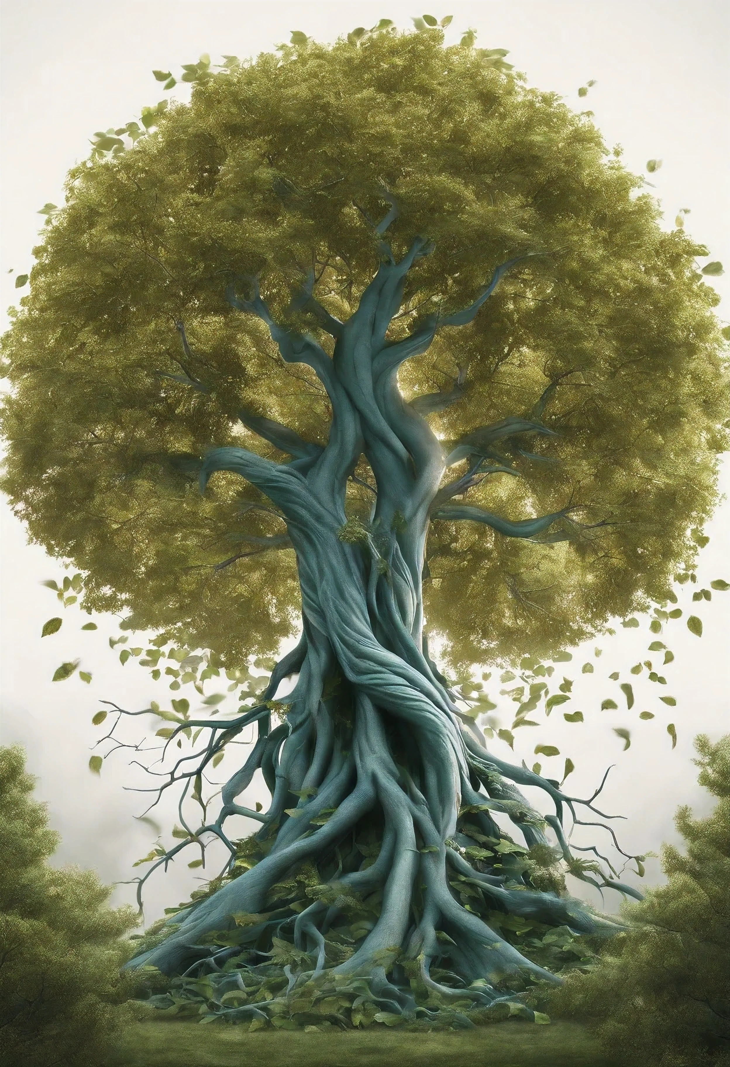 Arbomorph A hug of woman and man turns into a leafy tree, with roots as legs, branches like arms, some leaves fly on a white background,l
