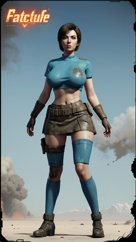 Fallout female characters, Short skirt with blue, fiftyes Nuka-Cola poster style, Post apocalyptic background ,Big breasts and big buttocks