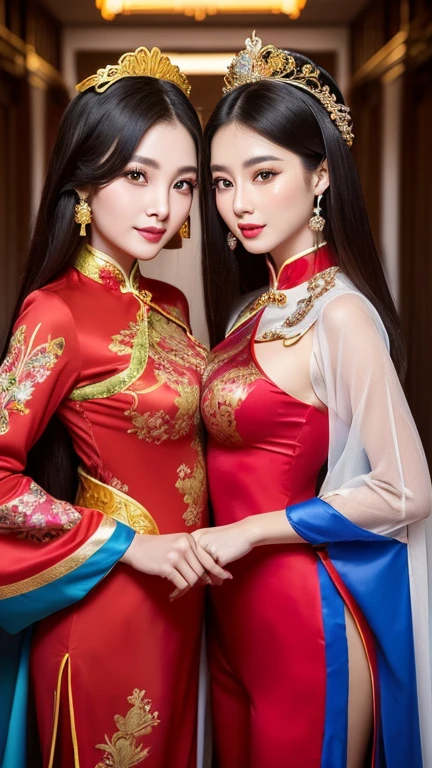 (((Two Chinese beauties)))、((Standing side by side))、21 years old、(Very heavy makeup:1.2)、(Slanted Eyes:1.3)、(long narrow eyes:1.3)、Shiny Hair、Glowing Skin、Very white skin、Jet Black Hair、Straight long hairstyle、Big eyes、Double eyelids、Luxury Chinese palace、(Standing in the palace corridor)、(Golden luxurious hair ornament)、(Patterned costume of a Chinese queen)、Luxurious and gorgeous、(huge breast:1.3)、(Exposed Skin:1.4)、(Smile with your mouth closed)、((The beautiful woman on the right is wearing a bright red outfit))、(((The beauty on the left is wearing a royal blue outfit.)))、(Bust-up angle)