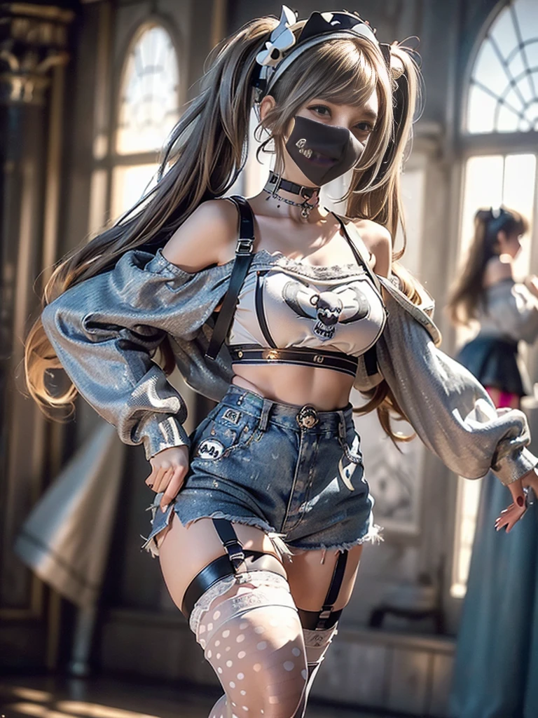 (Full Body View:1.3)、(Beautiful lips and nose:1.4)、(Side view:1.1)、(Smiling with teeth showing:1.3),(Fashion Model:1.5)、(Gothic Lolita delicately decorated battle uniform:1.5)、(White off-shoulder hoodie:1.5)、(Denim, silver and white shorts:1.4)、(denim garter belt:1.5)、(Black and denim knee socks:1.3)、(Skull Silver Accessories:1.5)、(Lace collar:1.3)、(Brown Skin Belt:1.4)、(Brown boots:1.2)、(Underwear has polka dots:1.4)、23 years old、((Highest quality、In 8K、masterpiece:1.3))、Sharp focus:1.2、(Layered Cut、Huge boobs:1.1),Beautiful woman with perfect figure:1.4、(Dancing vigorously:1.3)、Slender Abs:1.2、Highly detailed face and skin texture、Detailed eyes、double eyelid,(Twin tails:1.3)、(Brown-golden hair:1.3)、Gravure idol、(The background is a luxurious dance hall.:1.3)、(Slim body:1.2),(Make your legs thinner:1.4),(clavicle:1.1)