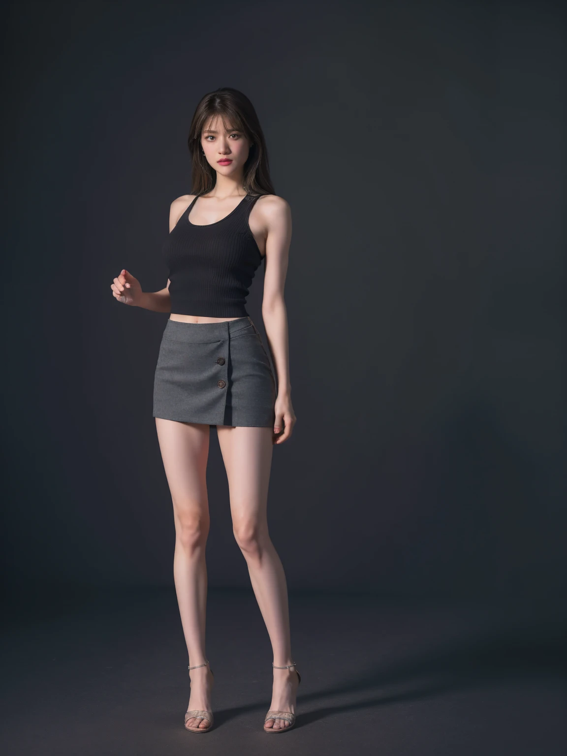 1girl, woman, masterpiece, best quality, highest quality, cinematic lighting, (volumetric lighting), extremely detailed CG unity 8k wallpaper, focused, 8k wallpaper, extremely detailed, ultra realistic, photorealistic, sharp focus, absurdres, (HDR:1.2), (high contrast), photograph, detailed and intricate, instagram, portrait, highly detailed, digital painting, artstation, concept art, smooth, sharp focus, illustration, cinematic lighting, (natural big breast), black short skirt, eyes looking at the viewer, ((medium shoulder)), (very skinny legs), ((slender body)), (((height 163cm))), (HQ skin:1.4, Realistic human body structure), (((standing, body upright))), (full body:1.6), (wearing knit tank top, short skirt)