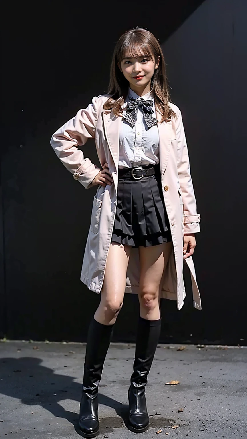 (8K、RAW Photos、Highest quality、masterpiece:1.2)、(Realistic、Realistic)、1 Girl、((Pink Coat、Black Mini Skirt、smile、Frills、one piece、whole body、See-through、boots、chest emphasis、whole body、View from the front、Looking into the camera、Blonde、belt、Stand with hands on hips))、