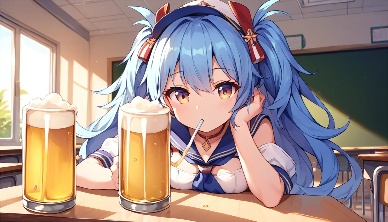 ((1girl:1.3)), ((moe style:1.3)), laffey_(azur_lane), classroom, ((drinking beer:1.3)), ((perfect face)), ((extremely cute:1.3)), ((masterpiece:1.3)), ((8k)), ((best quality:1.3)), ((beautiful)), ((extremely detailed:1.3)) , ((absurdres)), AddXL, ((score_9:1.3)), ((score_8_up:1.3)), ((score_7_up:1.3))