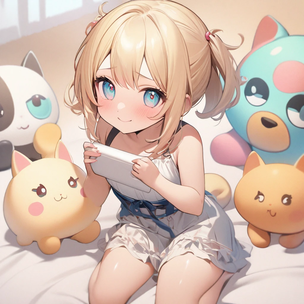 masterpiece、Highest quality、Depth of subject、((2D illustration))、1 beautiful girl、((colorful))、(((chibi style)))、((Long, beautiful hair))、Light blonde、ribbon、cute、Beautifully detailed eyes、Tank top、((mini skirt))、(((vivid color))、((bed))、stuffed toy、((medium shot))、((Very happy face))、((Holding a kitten))、((There's a lot of pink around))、((Lens flare))、White light is shining、Sunbeam、My whole body was filled with light、Cinematic lighting、Full body lighting