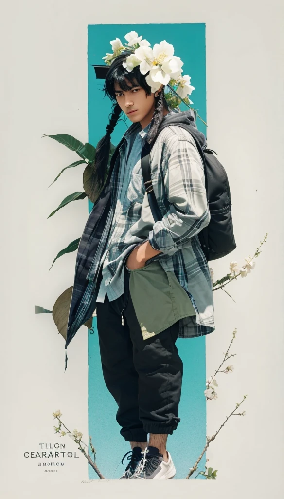 A young man with black hair is sitting in front of a flowering tree. He is wearing a plaid shirt and has earphones in his ears.