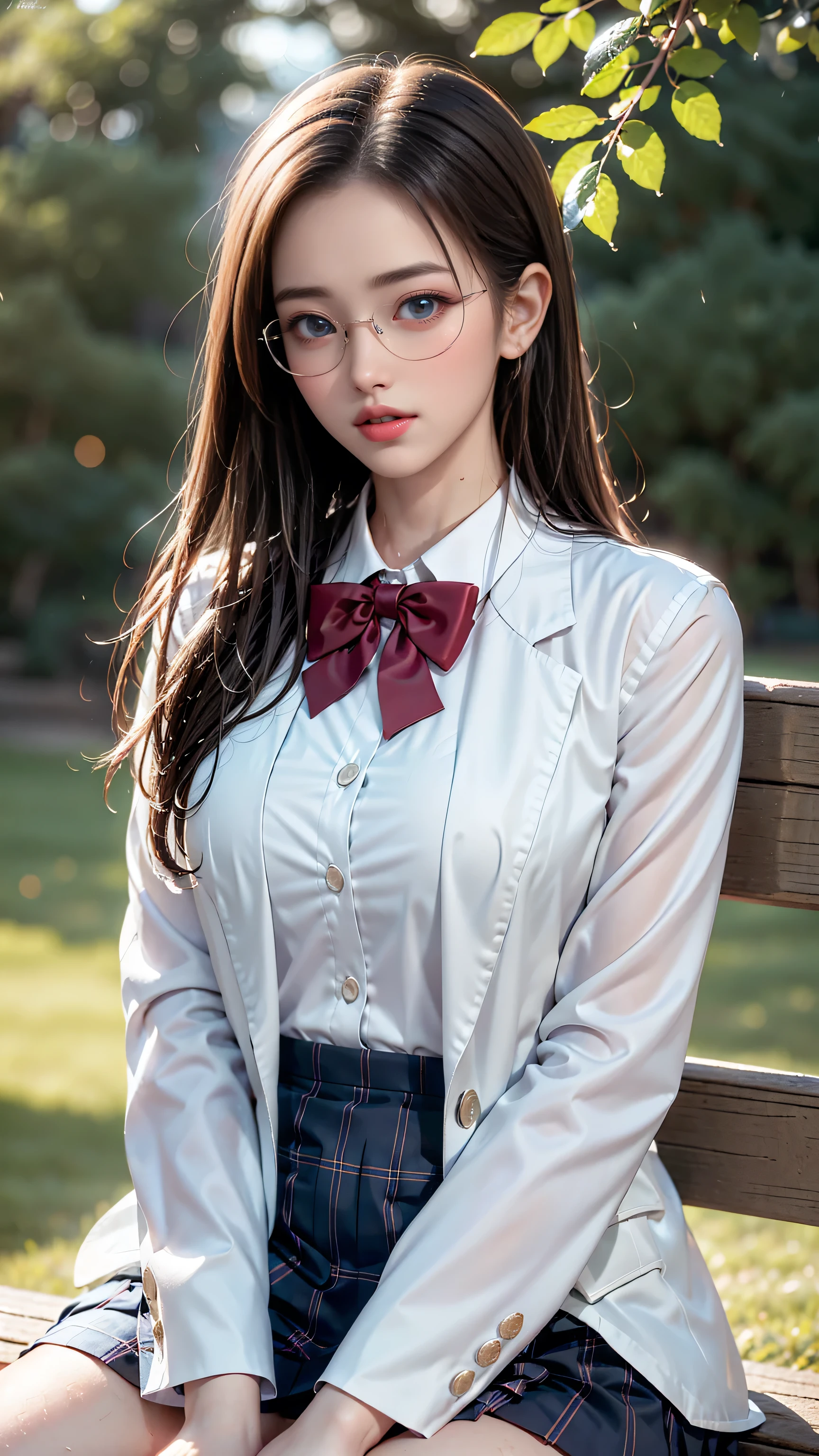 （(A girl sitting on a park bench after the rain)）、Highest quality works、Actual work、Ultra Premium Graphics、8K HD CG Works、High quality graphics、High-definition CG works、10x pixels、Very fineディテール：1.1、Advanced technical details：1.1 Photorealistic、Natural light：1.5、（Virtual Lighting Effects：1.8），Long silver hair（（Eyes closed）），Thin eyebrows，High nose，Clean red lips，Rose Cheeks，Subtle makeup face，Cute face，Perfectly balanced face，A light-toned foundation enhances the clarity of your skin.。 ((high school girl)),((Wet white blazer)),((Translucent wet white blouse、Red bow tie、Navy blue checked skirt)). 40k, photograph, , Highest quality, Rain Background, ((1 gorgeous wet light haired girl、She has a beautiful face and、Wear glasses, ))。White skin, Mr.々A pose. ((Medium sized chest,:1.1)), Highest quality, Ultra-high resolution, (Real:1.4), RAWphotograph, (Perfect figure), Slim abdomen, perfect slim figure, Dynamic Pose,  on its own, Cold light source 12000K, The texture of the face and skin is very fine, Fine grain, Realistic eyes, Fine grain子が美しい, (Real Skin), charm, Ultra-high resolution, surreal, Very fine, ((She&#39;s wet))、