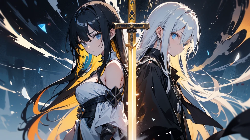 Two Swordsmen in the Dark Dungeon。The first is a female swordsman with long yellow hair and a long sword.。The second is a male swordsman with black hair holding a sword.。