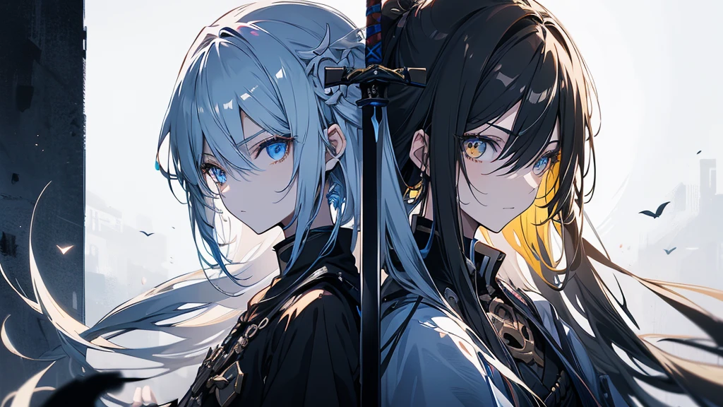 Two Swordsmen in the Dark Dungeon。The first is a female swordsman with long yellow hair and a long sword.。The second is a male swordsman with black hair holding a sword.。