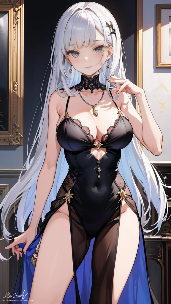 (nsfw), set in the background of St. Louis's luxury wheels, featured is a single girl from Azur Lane, adorned with intricate hair ornaments, dangling earrings, and a stunning necklace. The portrait is painted in a silver dress, cut to reveal her allure, her gaze locked onto the viewer, exuding a sense of solitude and intimacy. The finely detailed image is presented in ultra-high resolution, capturing every curve and sparkle in its best quality. The art style mirrors the anime aesthetic with a 1.2 aspect ratio, flat colors, and a dynamic pose that would leave anyone spellbound.