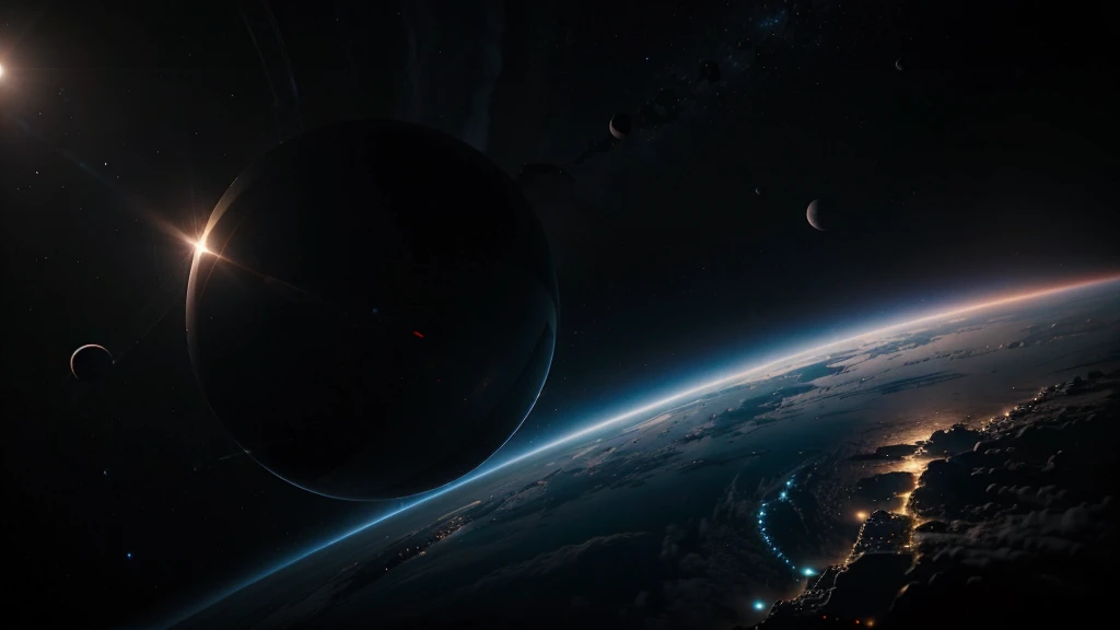 VERY CLOSE BLACK PLANETS ALMOST TOUCHING IN THE MIDDLE OF SPACE. HIGH RESOLUTION AND HYPER REALISTIC 4K IMAGE, cinematic lighting