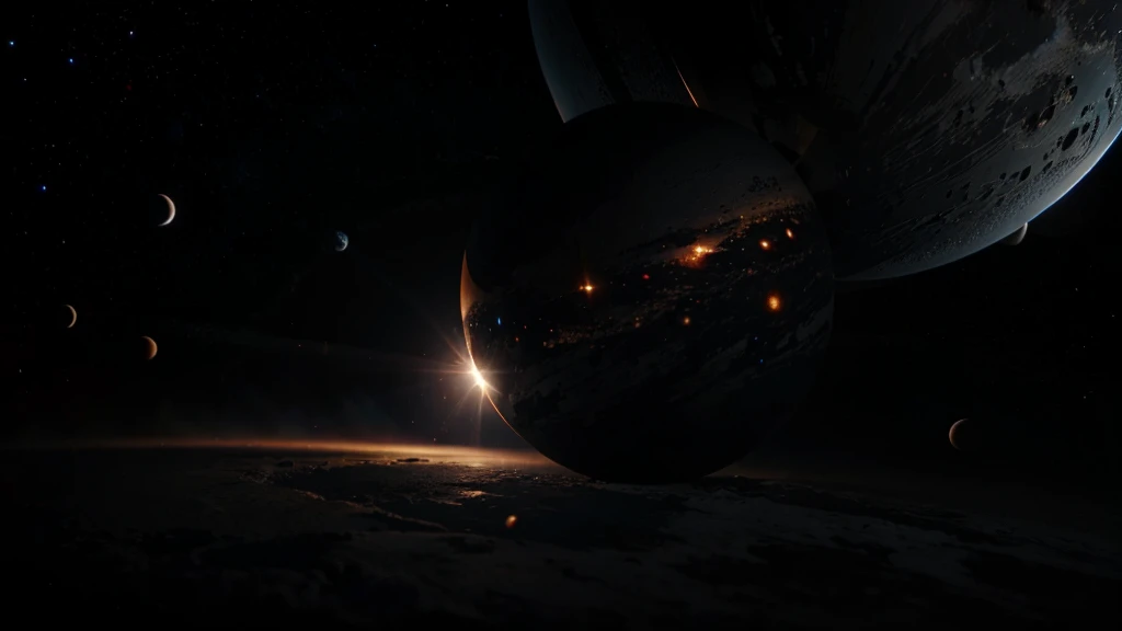 VERY CLOSE BLACK PLANETS ALMOST TOUCHING IN THE MIDDLE OF SPACE. HIGH RESOLUTION AND HYPER REALISTIC 4K IMAGE, cinematic lighting 
