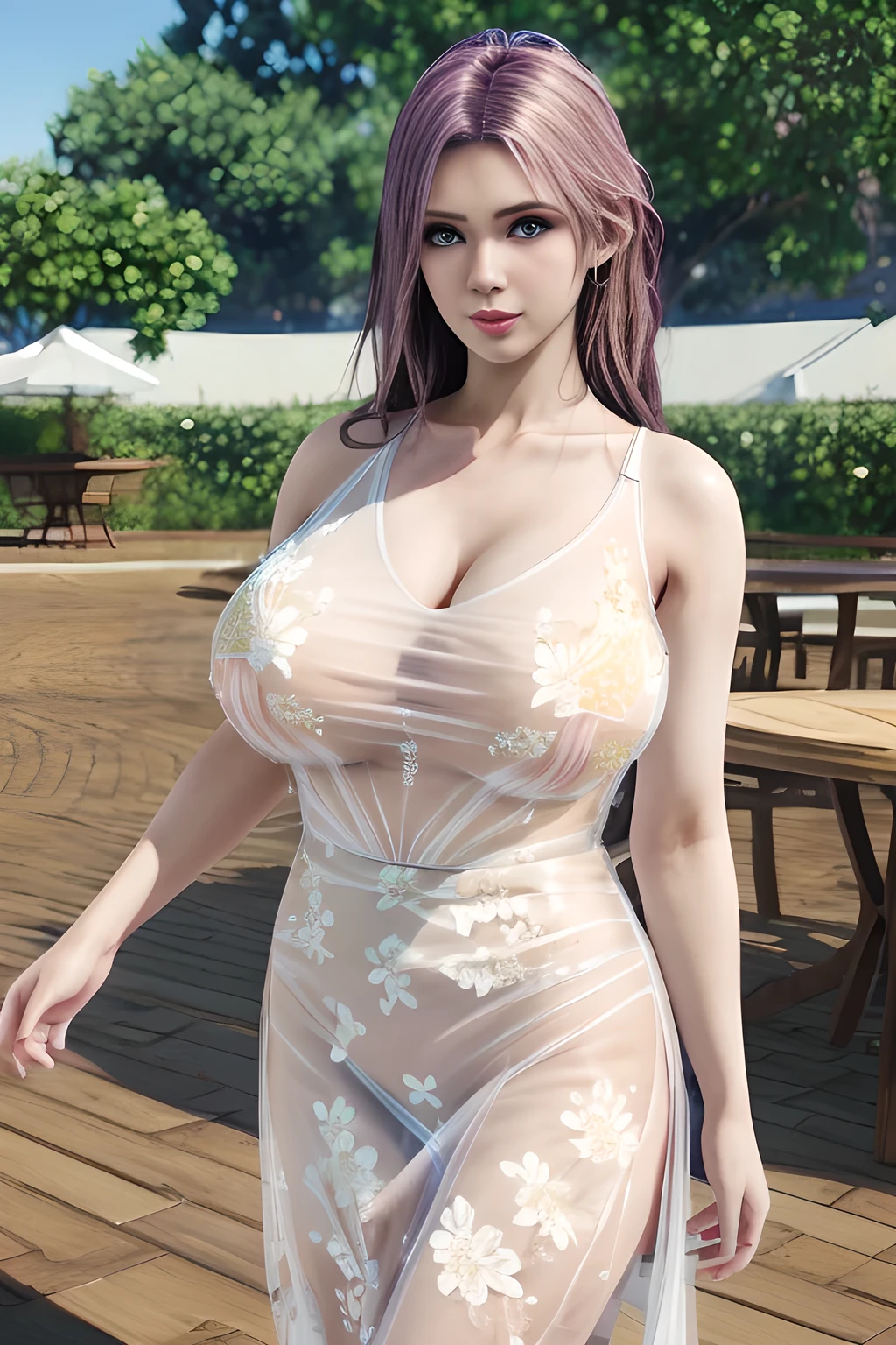 1 girl,Wearing an elegant (white transparent dress with white floral pattern: 1.3). The dress has a V-neck design and is sleeveless with straps passing over the shoulders. The dress has a high slit on the side, adding to its stylish look. The background suggests an outdoor setting with lots of greenery and modern architectural elements, the outdoor part of a chic modern place. The sun shines through the leaves, casting a soft glow on the scene,,open lips,charming smile,((huge breasts), shiny skin,Detailed hair,(tattooed:1.2),((8k, RAW photos, top quality, masterpieces)), high-definition RAW color photos professional photos, (realistic, photorealism: 1.37), (highest quality), (best shadows), ( ultra high resolution, high-definition CG unified 8K wallpapers, physically based rendering, movie lighting),elise