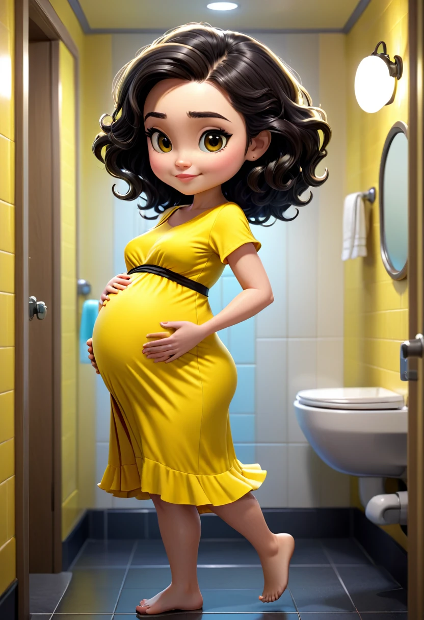 a chibi-sized full-body pregnant character, how they are, going to the bathroom,wearing a knee-length yellow dress, black, wavy hair combed to the side down to the shoulders, hyper realistic style, 8K, ultra HD, Disney  style, pixar, 4d cinema, Chi, digitl art