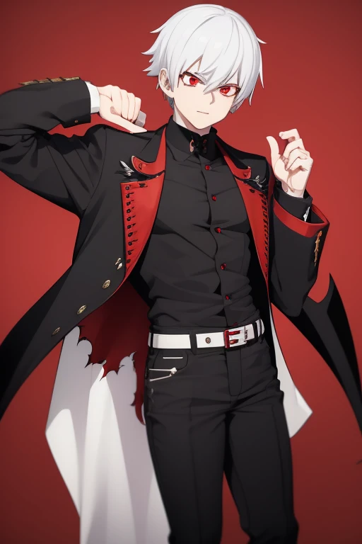 Shoto Todoroki from My Hero Academia, Vampire, incubus, red eyes and white hair, bat wings, black clothes, black steampunk pants, red shirt, black vest, pale skin. Looking straight at the viewer