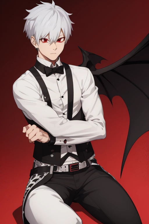 Shoto Todoroki from My Hero Academia, Vampire, incubus, red eyes and white hair, bat wings, black clothes, black steampunk pants, red shirt, black vest, pale skin. Looking straight at the viewer