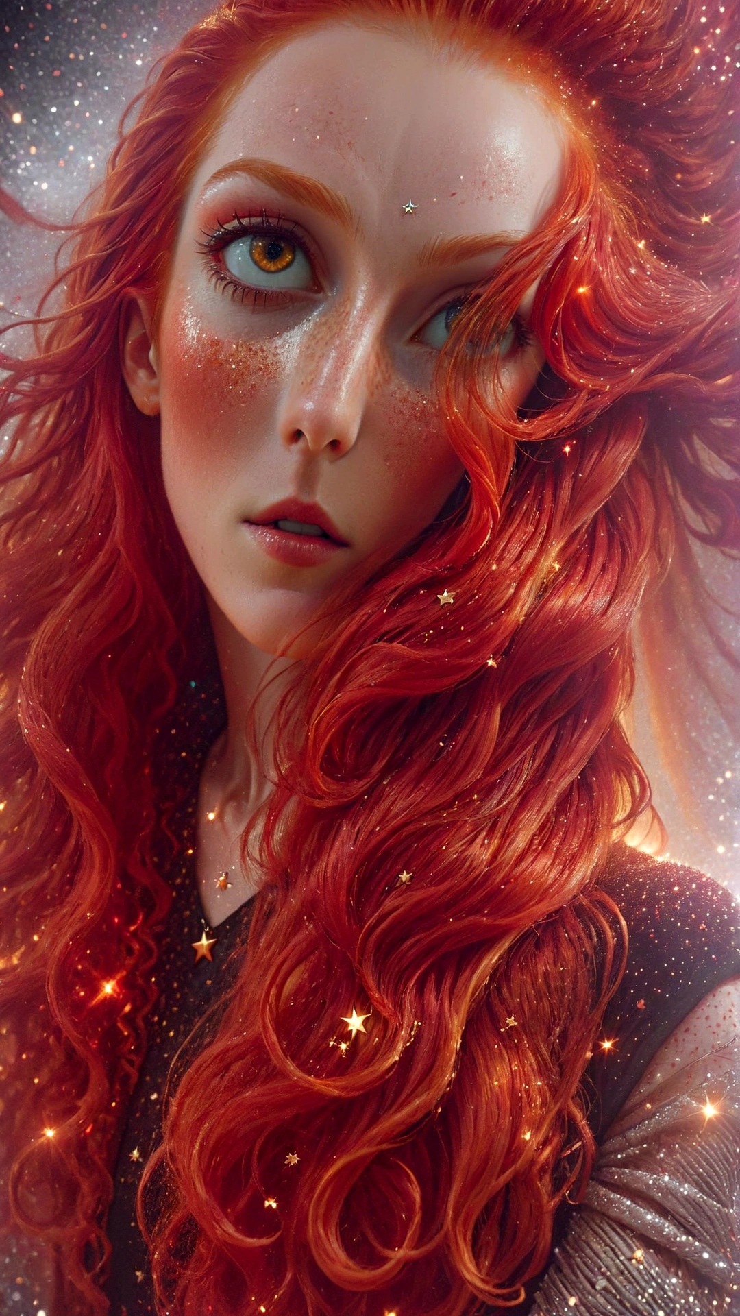 there is a woman with red hair and a star dusted background, red glowing hair, with red hair, red dyed hair, with long red hair, bright red hair, red colored, long glowing red hair, glowing red, red hair, glowing crimson head, with curly red hair, crimson red hair and red eyes, red haired goddess, vibrant red hair, redgold hair