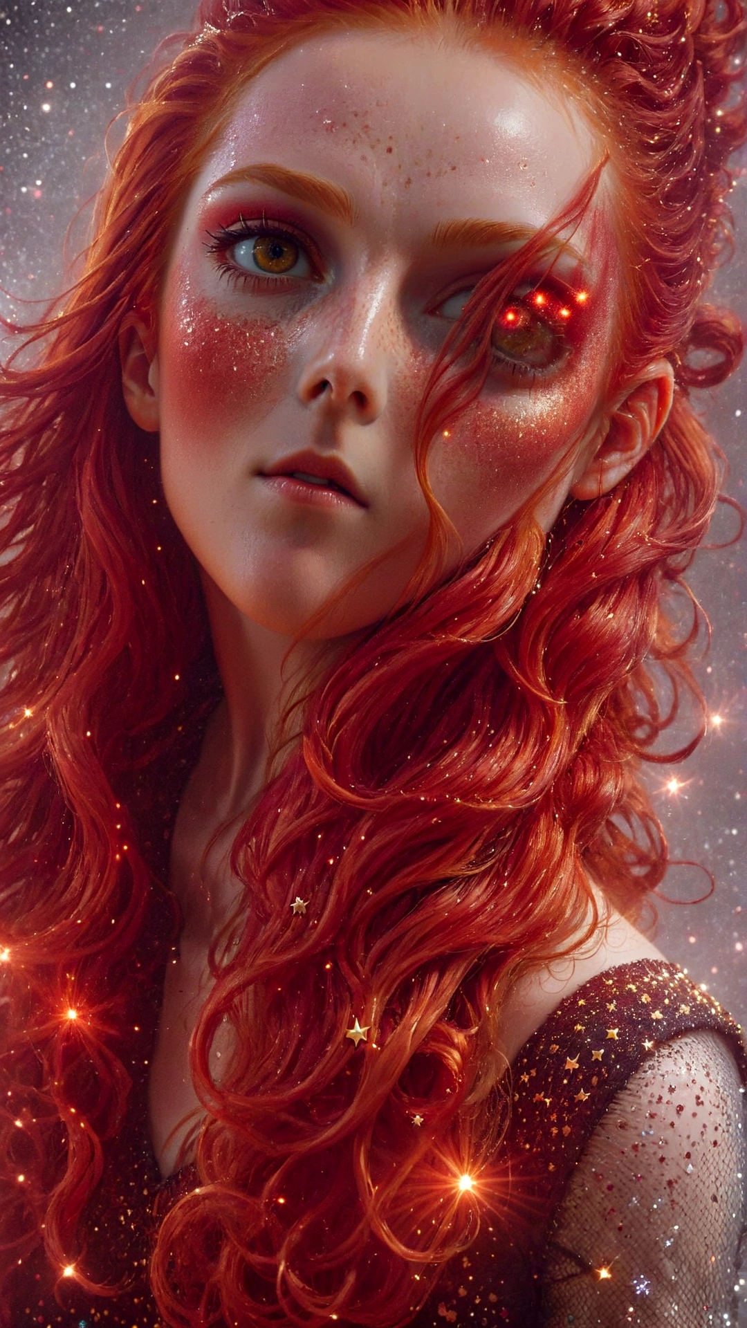 there is a woman with red hair and a star dusted background, red glowing hair, with red hair, red dyed hair, with long red hair, bright red hair, red colored, long glowing red hair, glowing red, red hair, glowing crimson head, with curly red hair, crimson red hair and red eyes, red haired goddess, vibrant red hair, redgold hair