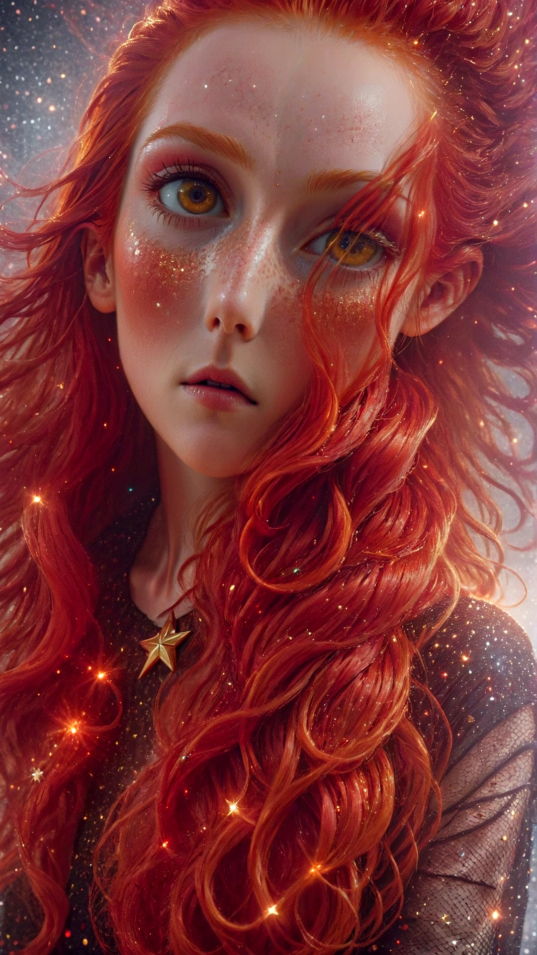 there is a woman with red hair and a star dusted background, red glowing hair, with red hair, red dyed hair, with long red hair, bright red hair, red colored, long glowing red hair, glowing red, red hair, glowing crimson head, with curly red hair, crimson red hair and red eyes, red haired goddess, vibrant red hair, redgold hair