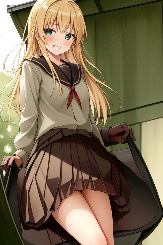 (Highest quality:1.2), masterpiece, Ultra-high resolution, (Hard Light:0.5), Depth of written boundary,  One girl, green_eye, blonde_hair, Red ribbon, Nanamori , in, looking at iniewer, Grin, (Sitting on the roof of the school),(Skirt Lift:1.5 ),Showing panties