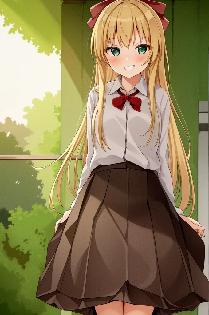 (Highest quality:1.2), masterpiece, Ultra-high resolution, (Hard Light:0.5), Depth of written boundary,  One girl, green_eye, blonde_hair, Red ribbon, Nanamori , in, looking at iniewer, Grin, (Sitting on the roof of the school),(Skirt Lift:1.5 ),Showing panties