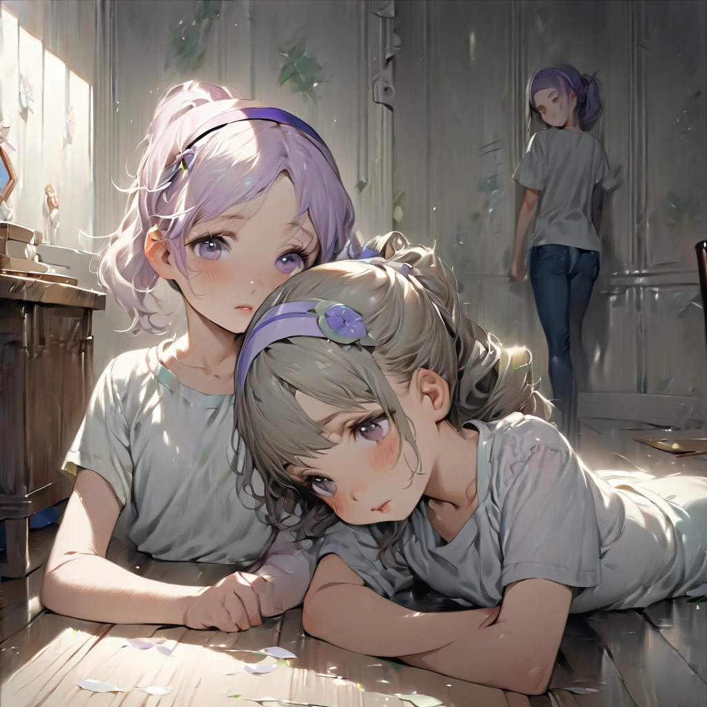 (Cute two girls:1.5),
(masterpiece:1.3), anime visual, (tilt head:1.3), extremely delicate face, realistic lighting and shading, (an extremely delicate and beautiful art:1.3), (muted colors:1.1),A lesson room with a large mirror on the wall, a girl with light purple hair held down by a hairband in a ponytail, wearing a T-shirt and lesson clothes, lying on the floor of the lesson room, her face distorted by pain reflected in the mirror on the wall,