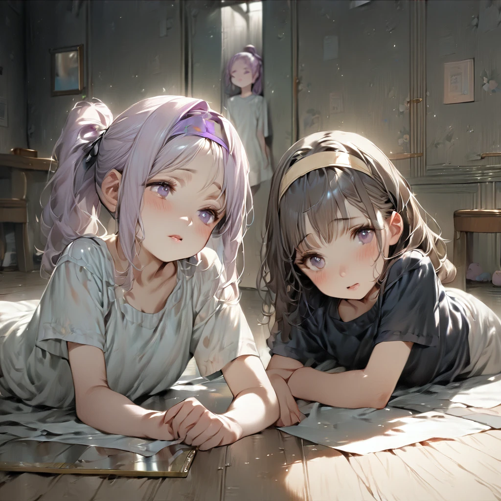 (Cute two girls:1.5),
(masterpiece:1.3), anime visual, (tilt head:1.3), extremely delicate face, realistic lighting and shading, (an extremely delicate and beautiful art:1.3),  (muted colors:1.1),A lesson room with a large mirror on the wall, a girl with light purple hair held down by a hairband in a ponytail, wearing a T-shirt and lesson clothes, lying on the floor of the lesson room, her face distorted by pain reflected in the mirror on the wall,