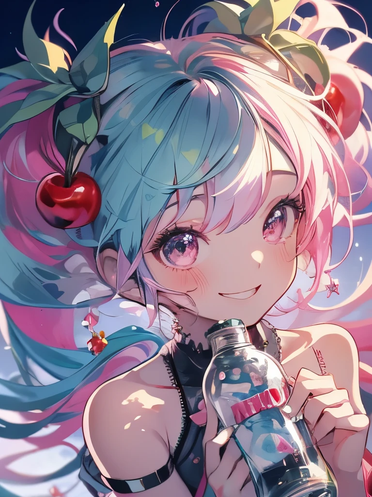 masterpiece、Hatsune Miku、Pink Hair、Long Hair、Cherry hair ornament、The wind is blowing、Sparkling eyes、smile、Holding a plastic bottle、Upper Body、(((Composition from above)))