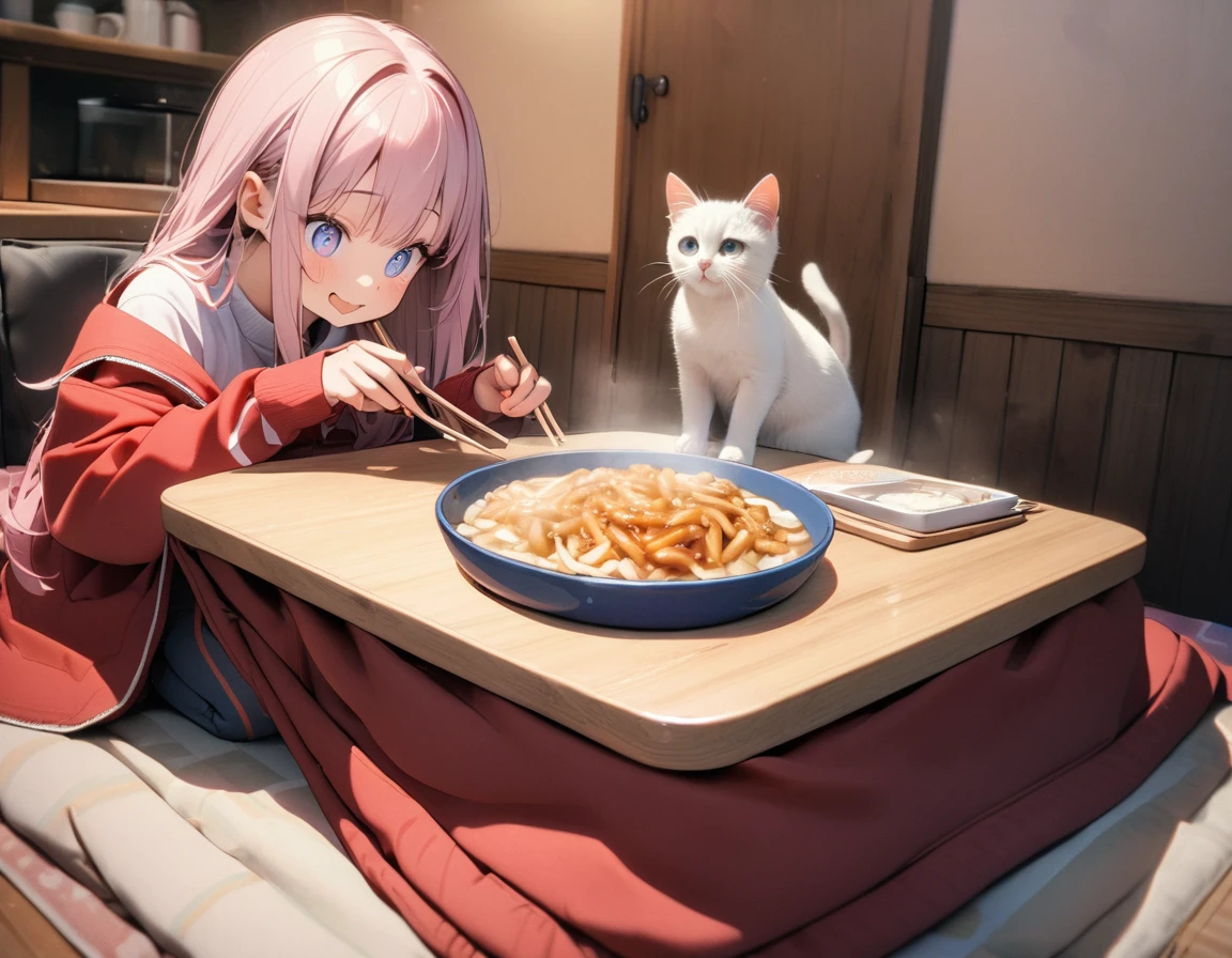(8K, best quality, master piece: 1.2), super high resolution,1 cute girl,16yo,solo,ultra-detailed face,detailed eyes,detailed eyes,mascara,happy,Lily Pink hair,Straight hair,Long hair,Tracksuits,seiza at a table,perfect hands, perfect fingers,holding chopsticks,eating udon in a bowl,(kotatsu:1.1),indoors,table,(under kotatsu:1.2),kitten