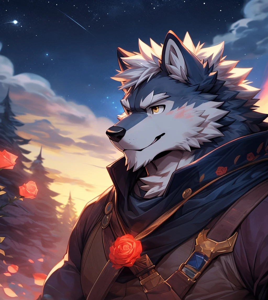 human nature, cannon, male, solitary, ((Round Face, The face is plump,Golden Eyes,Small amount of black beard，White hair)), ((Endomorph, Handsome，Handsome)), (White shirt，With mercenary uniform), ((domestic Wolf, Wolf), （Gray fur），(Walking through the forest), Bokeh, (high quality, high resolution, Masterpiece 1.2), (Dynamic Lighting, Vibrant colors), (Generous smile，The face is slightly red，Love on the face，Shoulder Sword，expect), (Face Focus), Front view (close up), cartoon, author：Takemoto Arashi, From zixiong, author：Chunni, author：Ethereal，（background：晚霞的rose seas满天的Starry Sky1.5），rose seas，glow，night，Starry Sky，Auspicious Clouds，background丰富详细