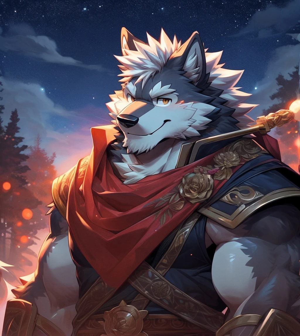 human nature, cannon, male, solitary, ((Round Face, The face is plump,Golden Eyes,Small amount of black beard,White hair)), ((Endomorph, Handsome,Handsome)), (White shirt,With mercenary uniform), ((domestic Wolf, Wolf), (Gray fur),(Walking through the forest), Bokeh, (high quality, high resolution, Masterpiece 1.2), (Dynamic Lighting, Vibrant colors), (Generous smile,The face is slightly red,Love on the face,Shoulder Sword,expect), (Face Focus), Front view (close up), cartoon, author:Takemoto Arashi, From zixiong, author:Chunni, author:Ethereal,(background:晚霞的rose seas满天的Starry Sky1.5),rose seas,glow,night,Starry Sky,Auspicious Clouds,background丰富详细