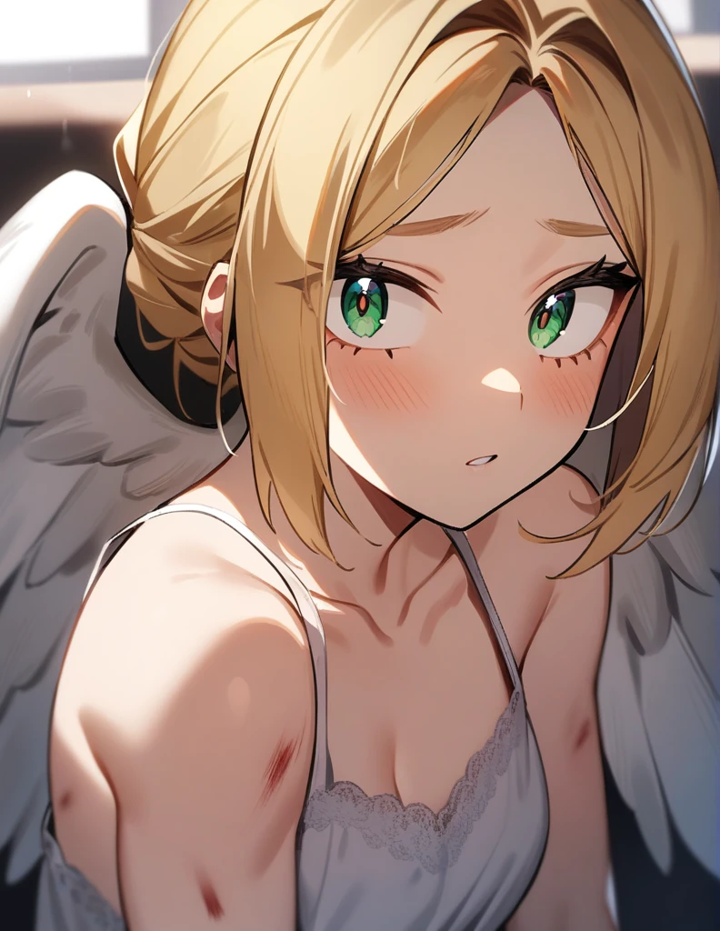 1boy, female focus, boku no hero academia, injury, White wings, masterpiece, best quality, very aesthetic, absurdres, white nightgown, blonde hair, emerald eyes