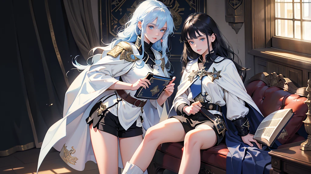 masterpiece, ultra detailed, 8K Portrait, Raw photo, (((((2 girls))))), girls photography, full body, Highly detailed face, ((Fantasy)), 15 years old, (((classmates))), smile, various hairstyles and hair color, (((white long tunic with a single vertical blue line))), (((black shorts))), (((white cape with coat of arms))), (((little waist hip pouch))), leather boots, various pose, ((holding magic book)), In the classroom of the medieval magic school, sitting, Midday Sun, Hyper realistic, Ambient lighting, Shadow details , Camera focus on face, strong breeze, Light fog