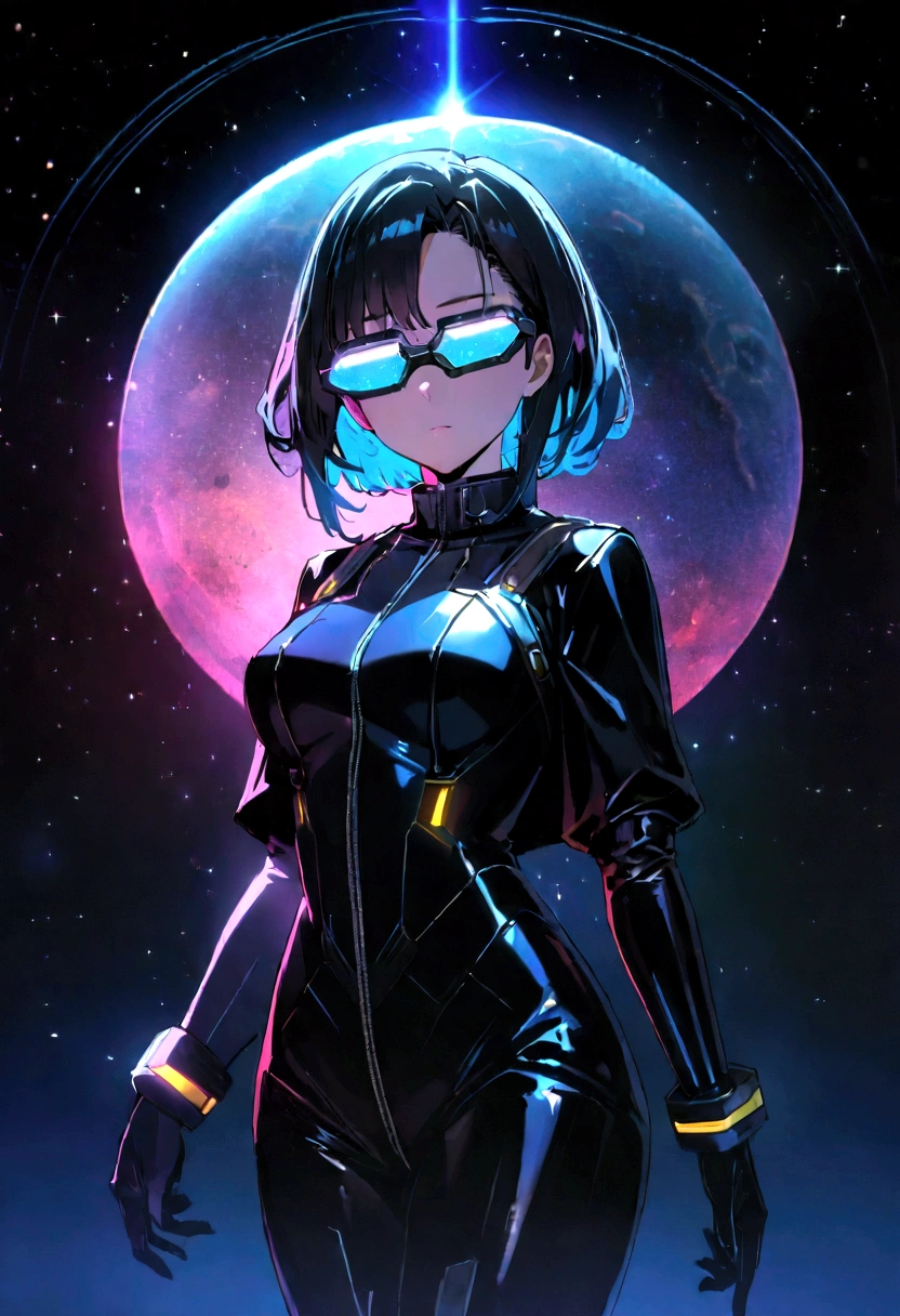 (8K), Super Resolution 8K, Amazing illustrations of celestial bodies, Mysterious Hero , Warrior Prince,, cyberpunk glasses, Space Glasses, Flowing, Shiny black tunic suit ,Cinema Lighting