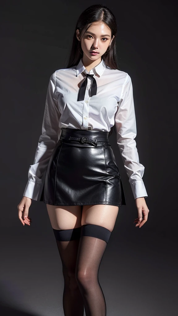 face is :9,1870450717], Elegant Female Teacher, Skirt and thighs、27yo、stature　162cm、Bewitching office lady posing in tight skirt and shirt to pose for photo, thighhighs and skirt, a miniskirt, transparent gray skirts, Beautiful short skirt, tight outfit, beautiful angle, Pencil miniskirt, Miniskirt, waist - shot, pantyhose tights, long thin legs, Short skirt, Realistic Pantyhose、ripped pantyhose、Raw photo, (in 8K、top-quality、​masterpiece:1.2)、(intricate detailes:1.4)、(Photorealsitic:1.4)、octane renderings、Complex 3D rendering ultra detail, studio lights, Rim Lights, vibrant detail, super detailing, realistic skin textures, Detail Face, Beautiful detail eyes, Very detailed CG Unity 16k wallpaper, make - up, (detailedbackground:1.2),　shinny skin、Exposed thighs!!!、