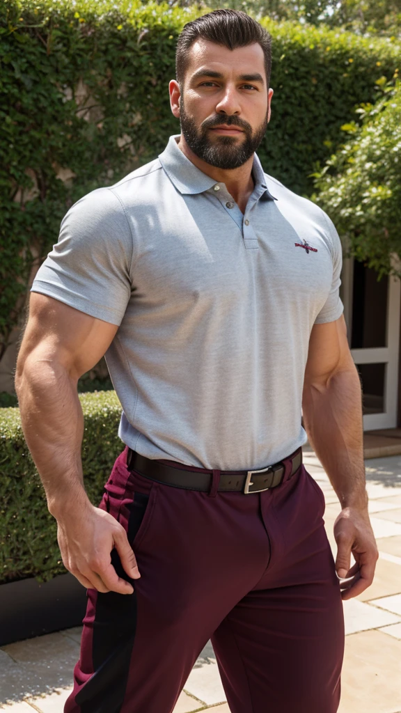 Handsome frances muscular man beard, strong and muscular legs, big lump, artwork,, super sexy in casual pants and burgundy polo shirt with blackstripes 8k ultra realistic masterpiece great detail next to a font super muscular , sexy , en el egante jardín de palacio, 40 años de edad , de perfil , con los brazos arriba