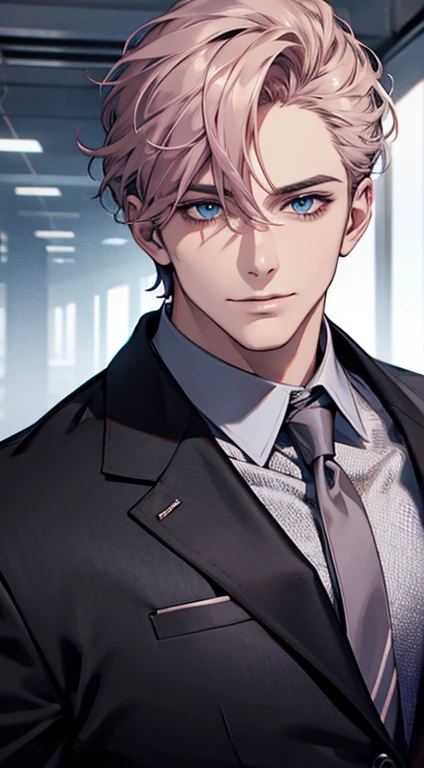 (best quality,4k,8k,highres,masterpiece:1.2),ultra-detailed,(realistic,photorealistic,photo-realistic:1.37),1 man,31 years old,mature man,very handsome,without expression,smile,short grey pink hair,blue eyes,penetrating gaze,perfect face without errors,imposing posture,businessman,office background,cinematic lighting,hdr image