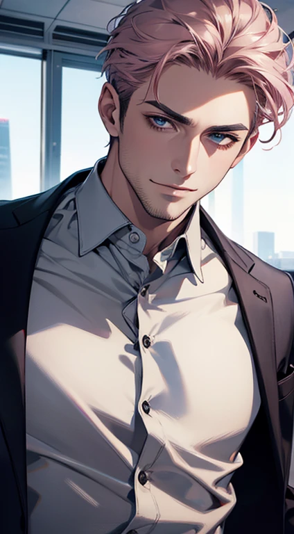 (best quality,4k,8k,highres,masterpiece:1.2),ultra-detailed,(realistic,photorealistic,photo-realistic:1.37),1 man,31 years old,mature man,very handsome,without expression,smile,short grey pink hair,blue eyes,penetrating gaze,perfect face without errors,imposing posture,businessman,office background,cinematic lighting,hdr image