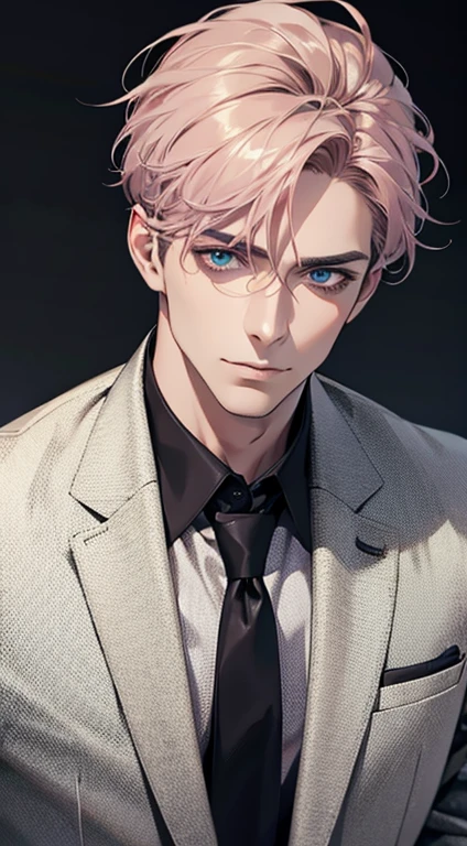 (best quality,4k,8k,highres,masterpiece:1.2),ultra-detailed,(realistic,photorealistic,photo-realistic:1.37),1 man,31 years old,mature man,very handsome,without expression,smile,short grey pink hair,blue eyes,penetrating gaze,perfect face without errors,imposing posture,businessman,office background,cinematic lighting,hdr image