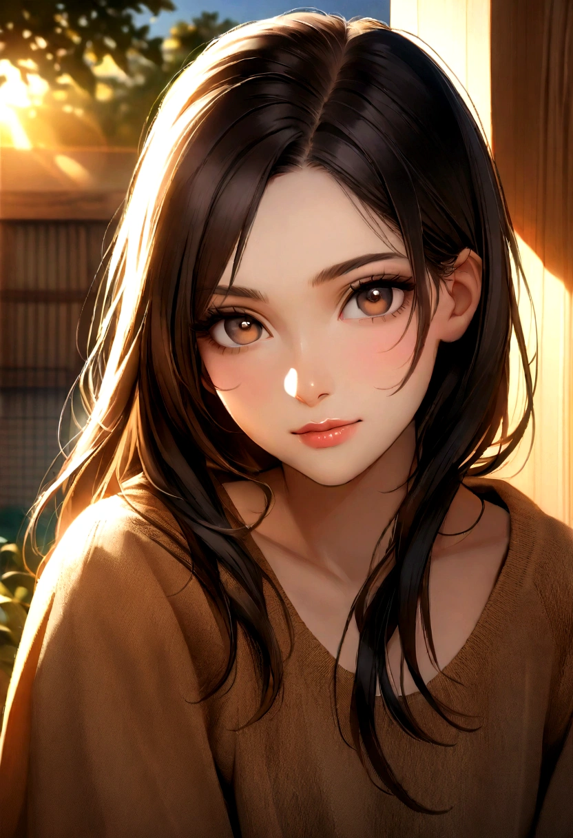 A photorealistic portrait of a hot 25-year-old Arab girl with long black hair and brown eyes. It must have an attractive and accessible expression and be illuminated by a soft golden light. The background should be a picturesque outdoor setting, perhaps a bright Deluxe room. Capture this image with a high-resolution photo using an 85mm lens for a flattering perspective.